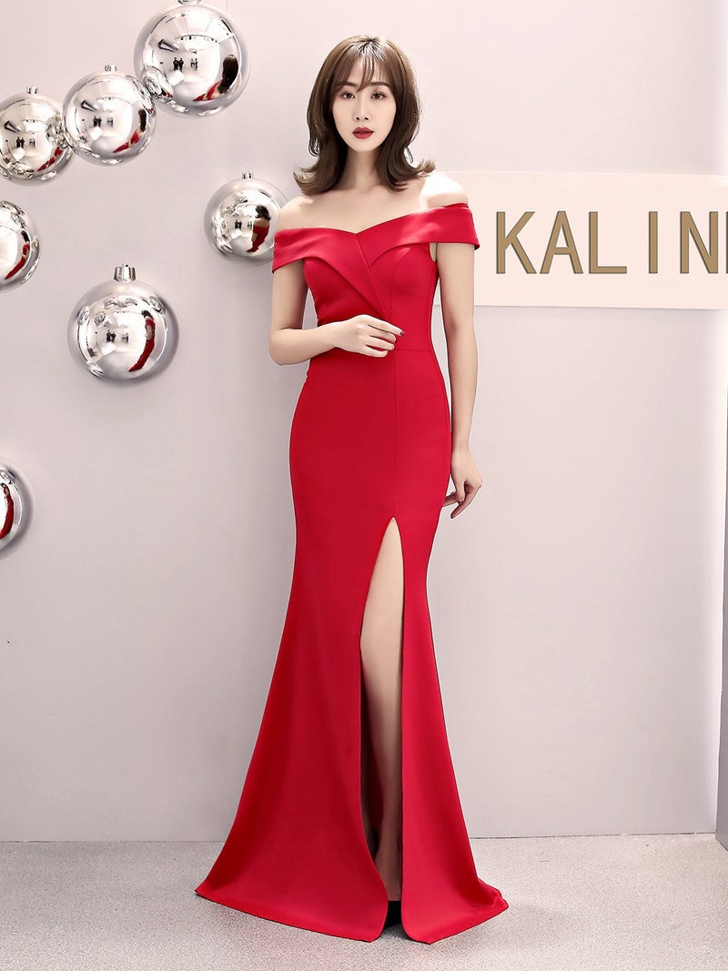 White New 2025 Long One-Shoulder Fishtail Evening Dress Off-Shoulder Toast Party Petite Slit Dress - Image 1
